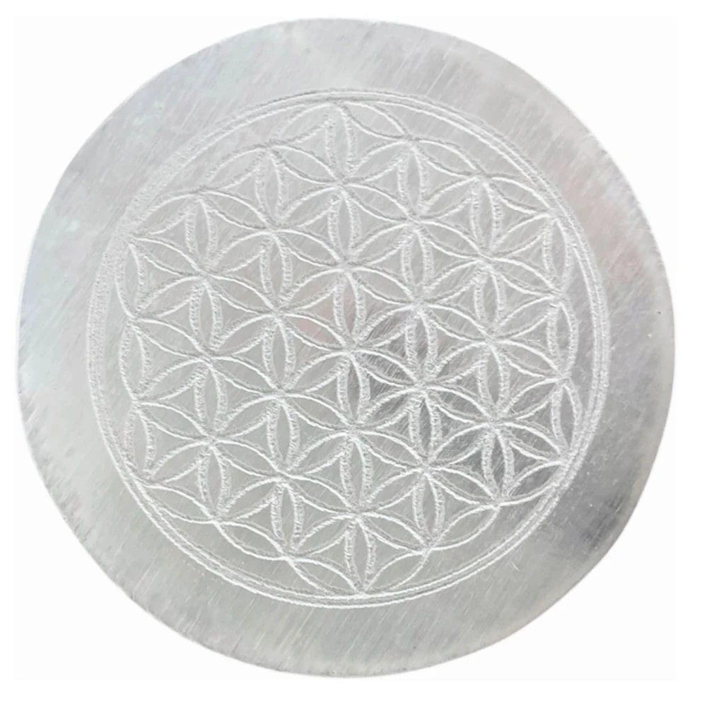 Agatesvibe Selenite Crystal Charging Plate – Engraved Sri Yantra Selenite Plate for Crystal Cleansing, Energy Recharging, & Pooja Rituals (Pack of 1) (Flower of Life, 3 Inch)