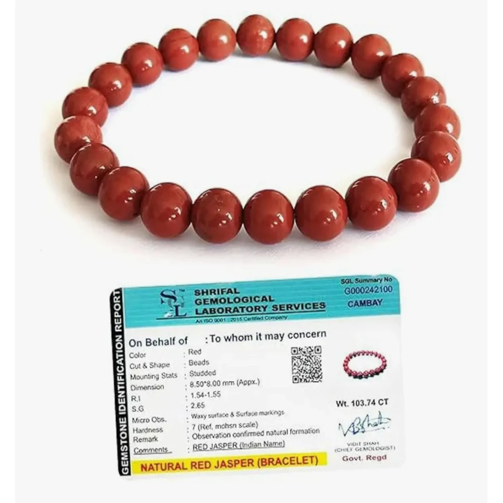 Agatesvibe "Natural Red Jasper Bracelet with Lab Certificate – 8MM Beads for Men & Women | Root Chakra Balance, Reiki Healing, Good Luck & Prosperity(Pack of 1)