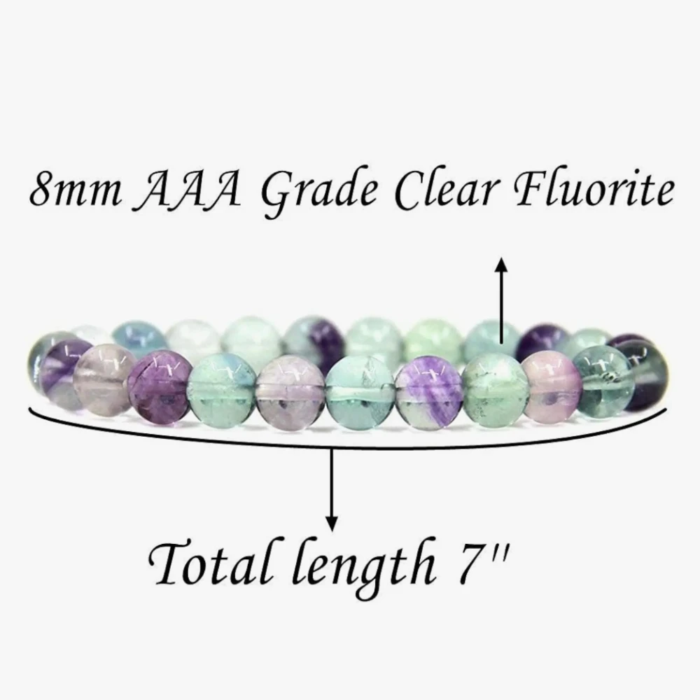 Agatesvibe Handmade Gem Semi Precious Gemstone 8mm Round Beads Stretch Bracelet 8mm Bead Size (Fluorite)