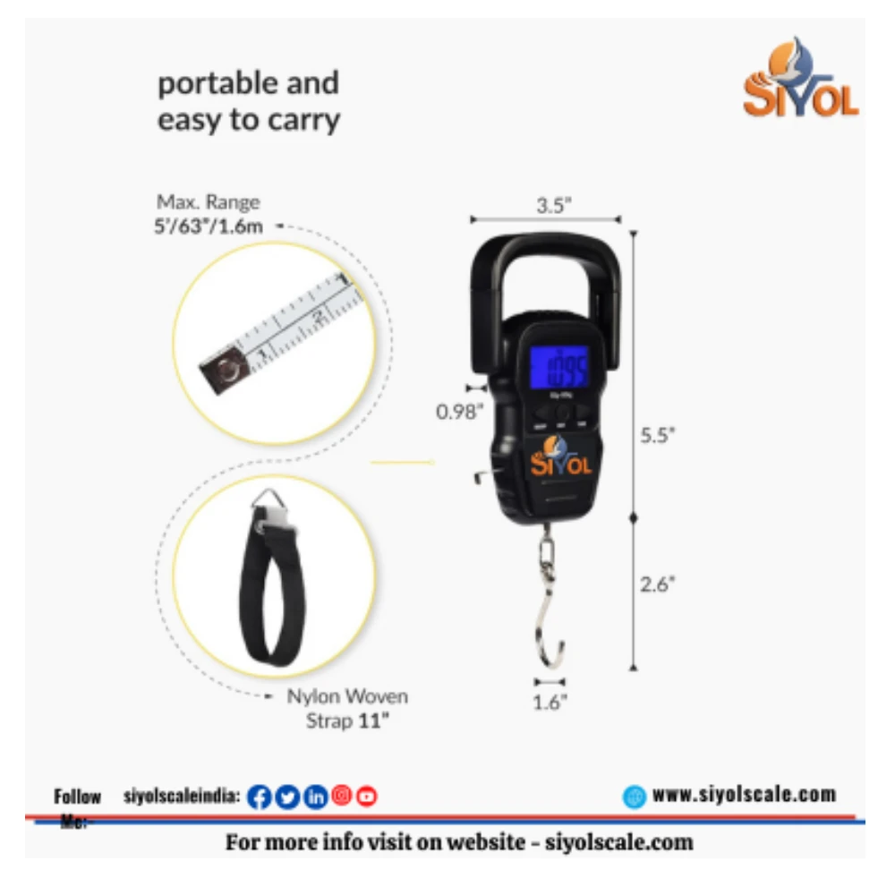 SIYOL Scale Handy 50 kg × 10 g Digital Portable Hanging Weighing Scale with Stainless Steel Hook for Luggage