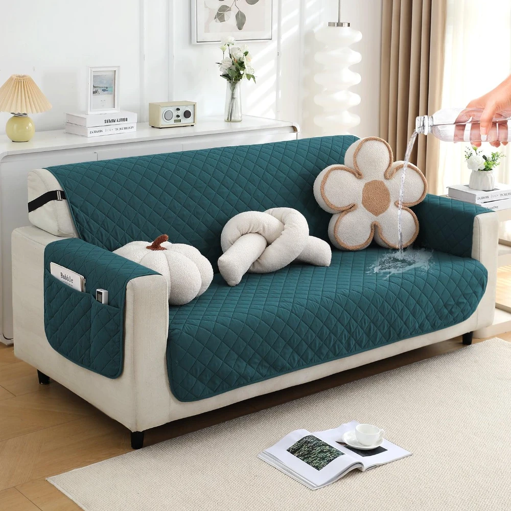 Blue Quilted 3 Seater Sofa Cover with Pocket