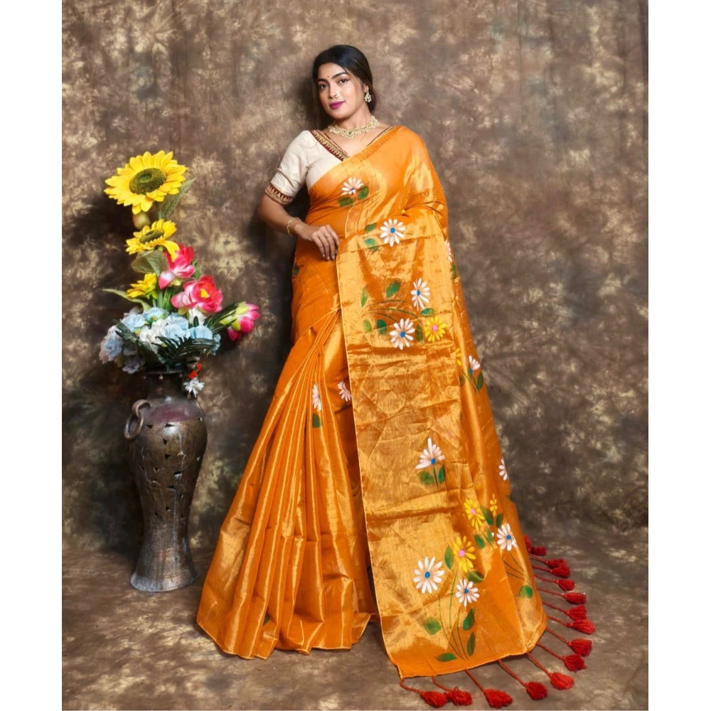 EXCLUSIVE HAND PAINTED  TISSUE SAREE (Yellow)
