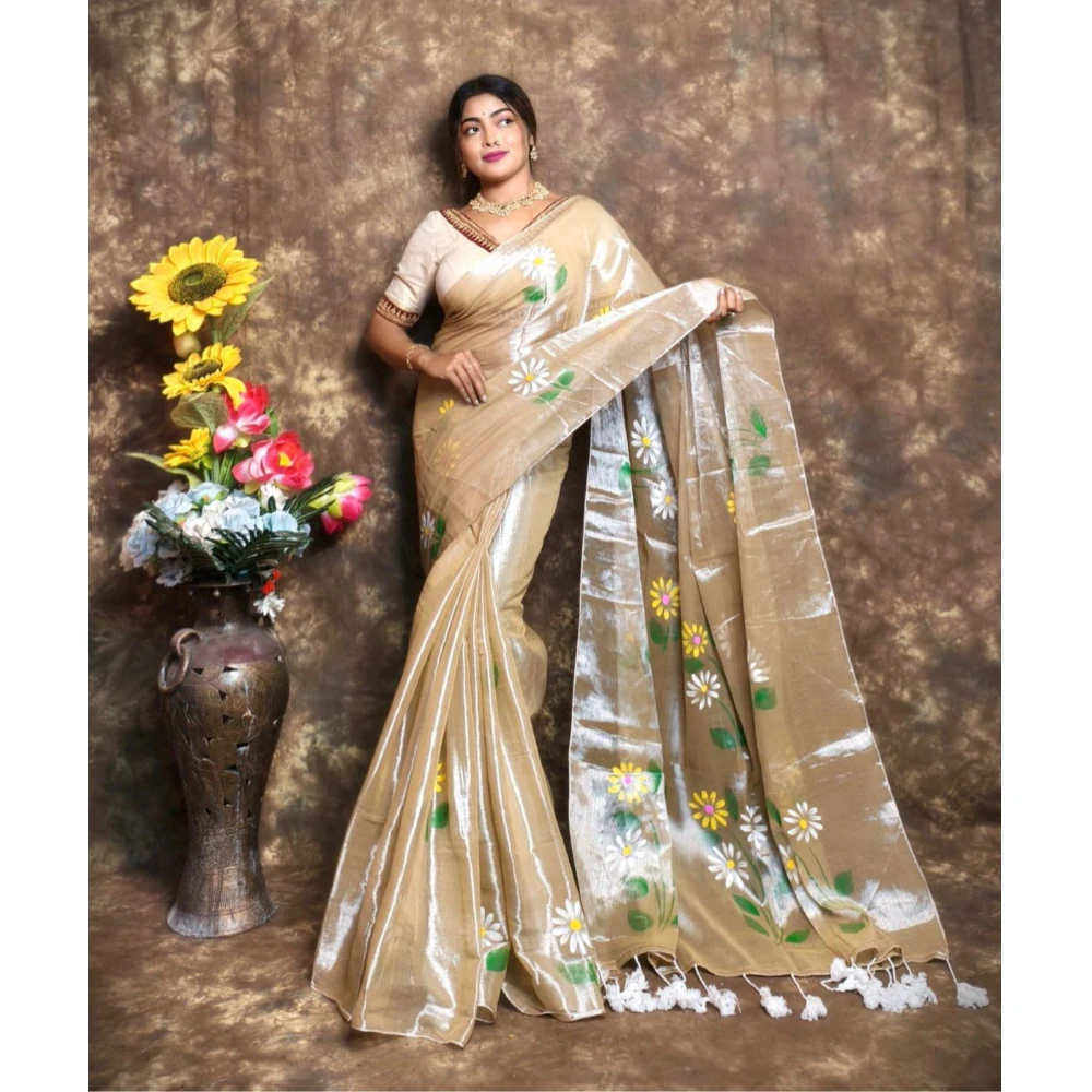 EXCLUSIVE HAND PAINTED  TISSUE SAREE (Yellow)