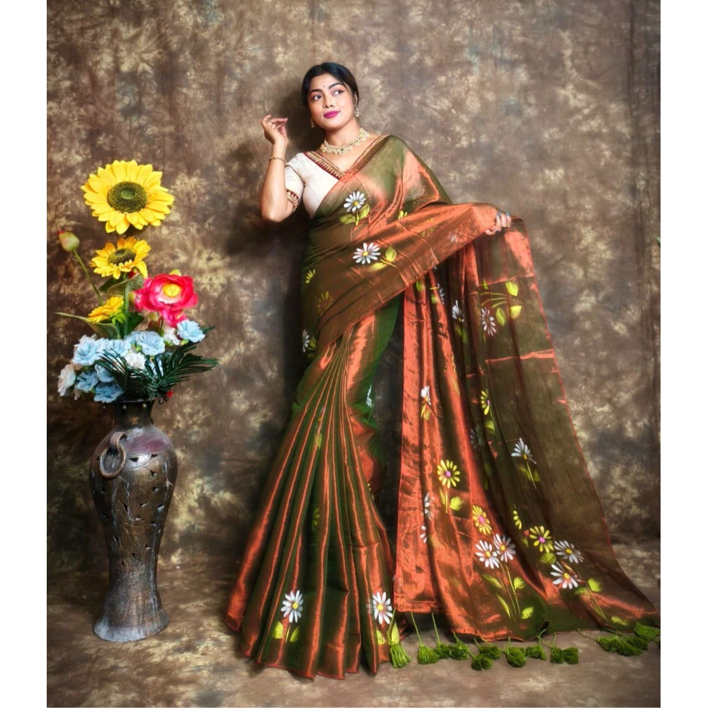 EXCLUSIVE HAND PAINTED  TISSUE SAREE (Yellow)