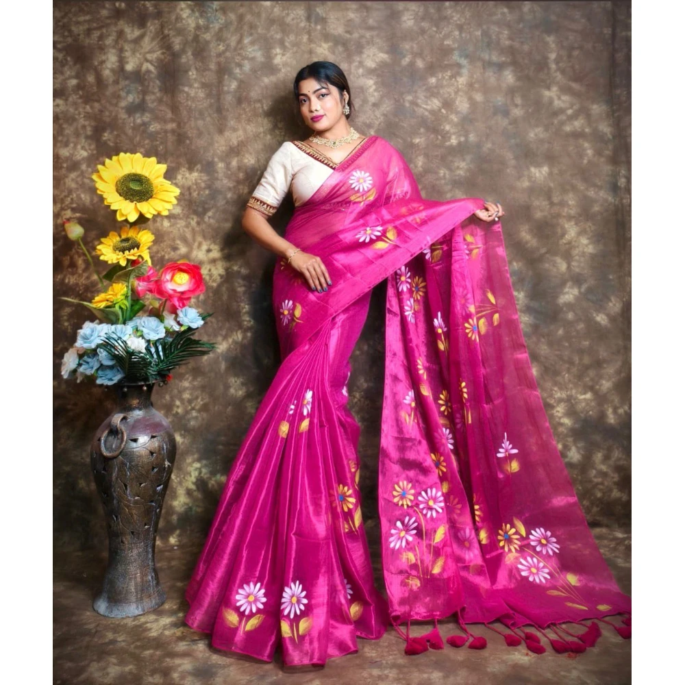 EXCLUSIVE HAND PAINTED  TISSUE SAREE (Yellow)